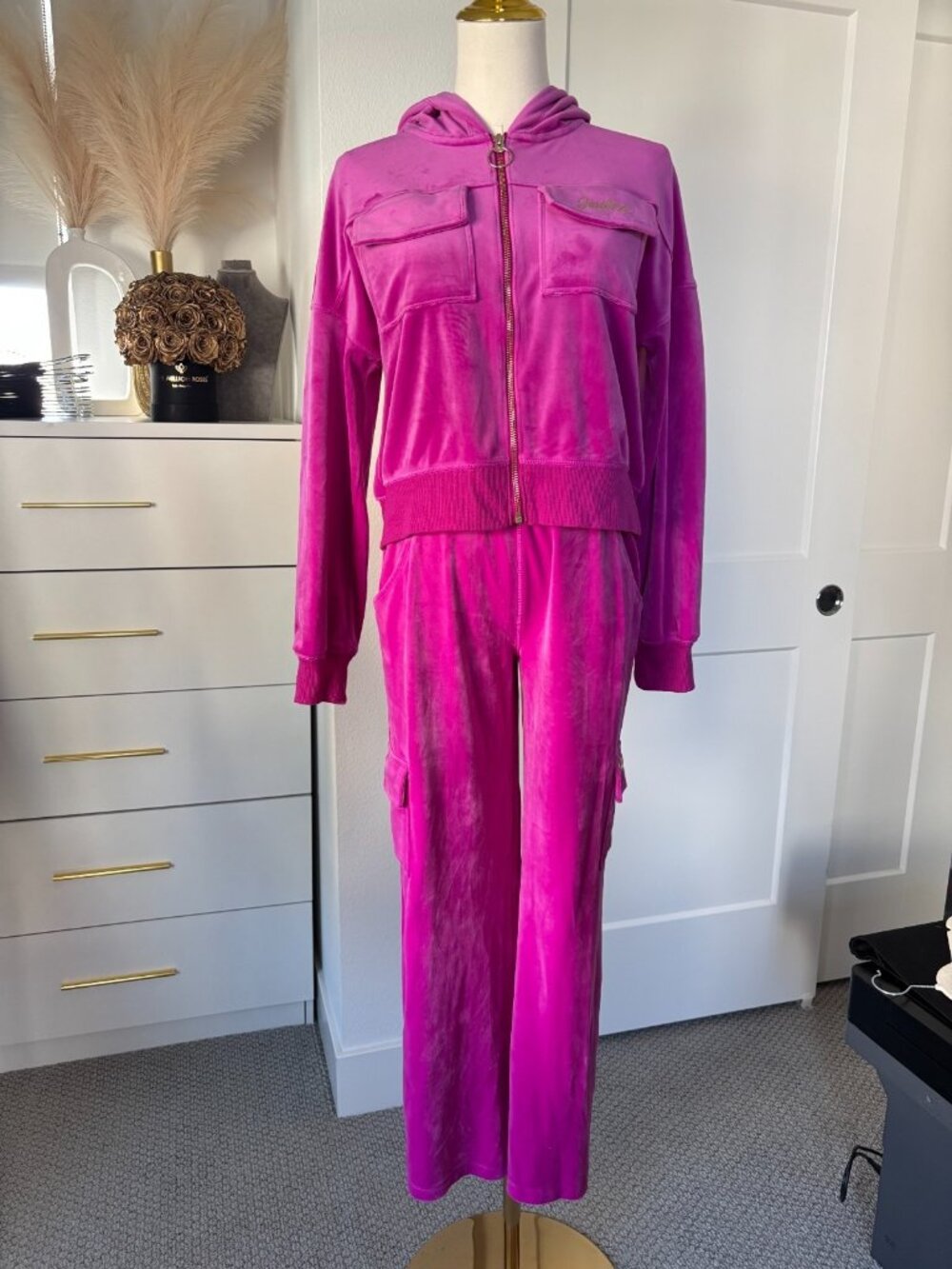 Y2K Justice Hot Pink Tracksuit Full Zip Hoodie w/ Pants Girls Size Large Pockets